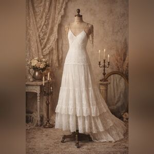 Vintage-Inspired Lace Bridal Gown | Boho Spaghetti Strap Wedding Dress | Size Sm